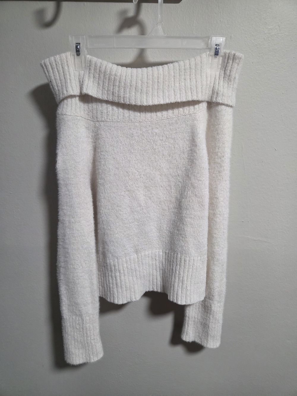 No Comment Off Shoulder Fuzzy Knit Sweater Size Large Cream White